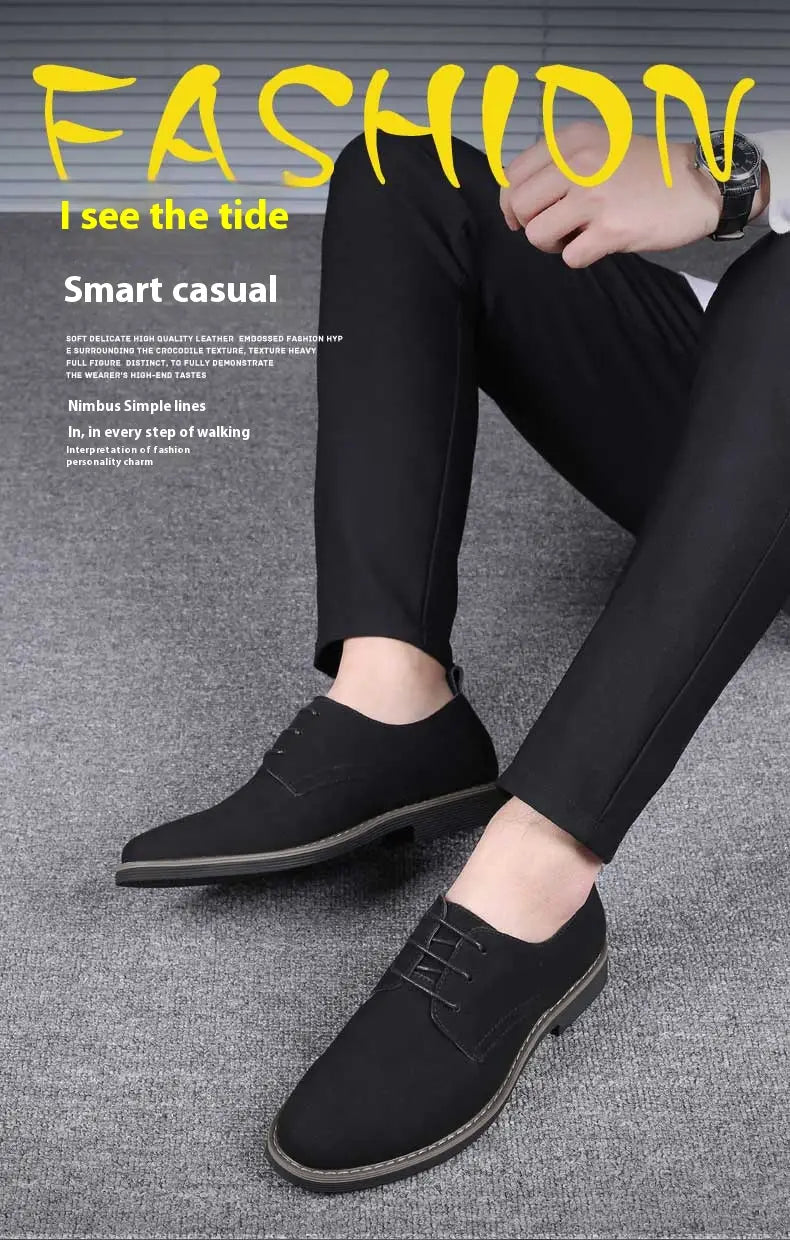 Men’s plus size British style black suede derby shoes feature a sleek minimalist design with contrasting dark stitching for casual wear.