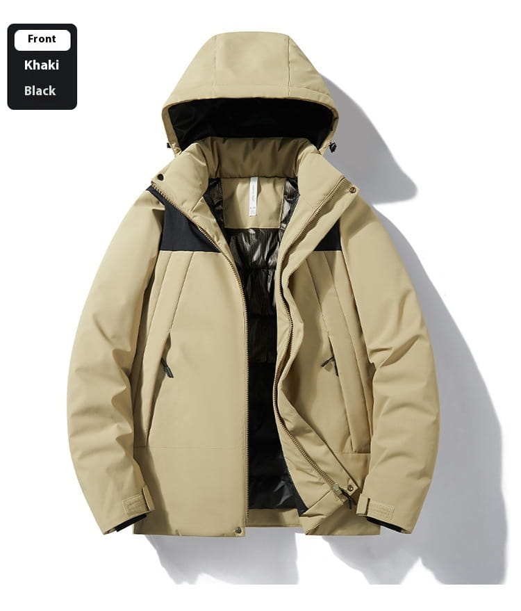 Khaki-colored windproof waterproof puffer jacket with black accents on the shoulders and lining shown from the back.