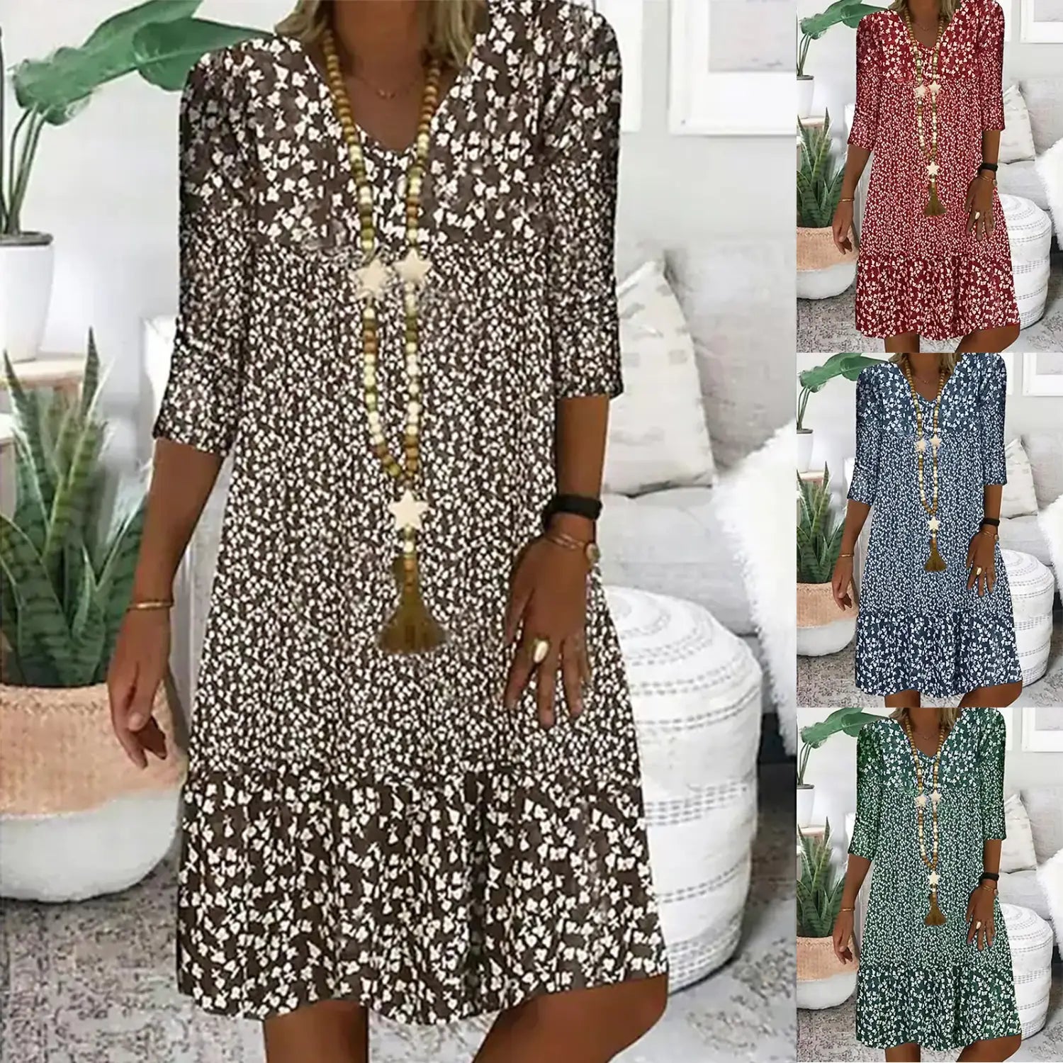 Une robe midi pour femme à imprimé floral, encolure en V et manches trois-quarts, avec un motif blanc et marron.