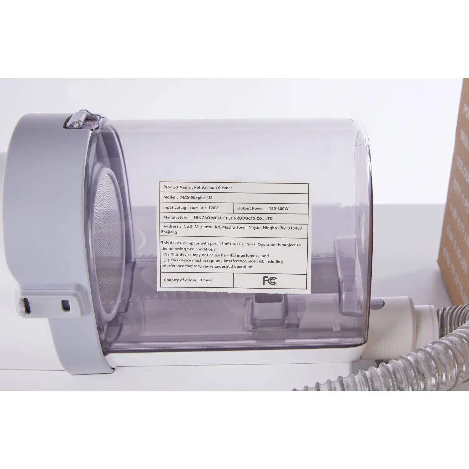 Pet grooming vacuum clippers 2.5l kit featuring a gray and translucent plastic pet vacuum cleaner with a clear dust collection bin and white base.