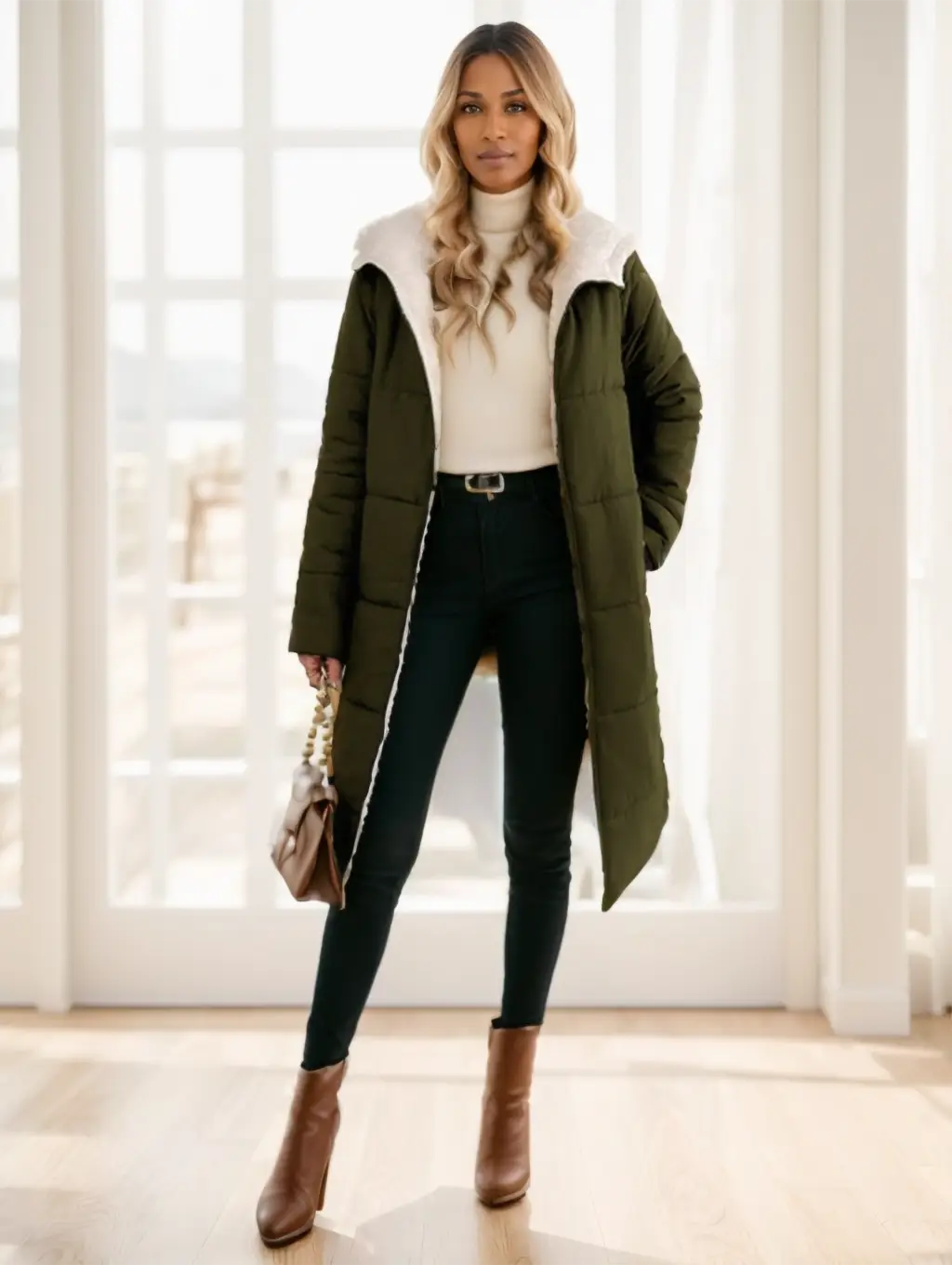 Women winter hooded quilted coat in olive green with a white shearling-lined hood designed for warmth and style.