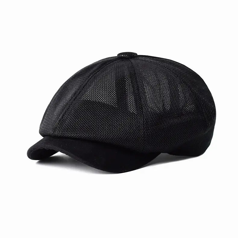 Black mesh and suede newsboy cap with a structured eight-panel design for summer breathable flat cap men women.