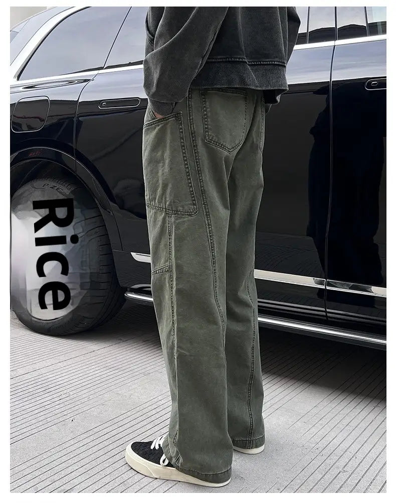 Olive green cargo pants mens cotton workwear featuring multiple pockets and a relaxed fit.