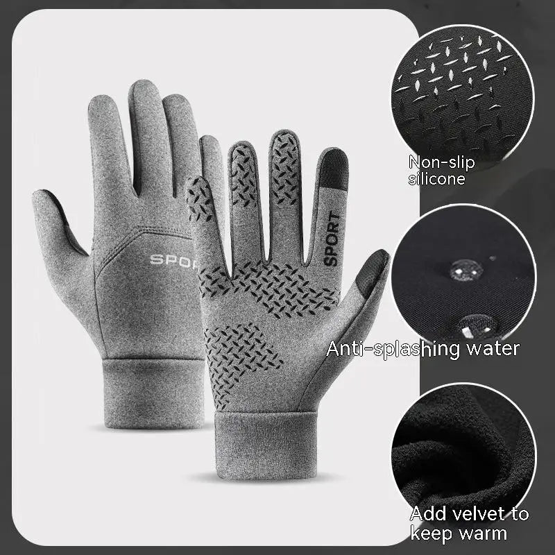 Gants thermiques à écran tactile étanches gris avec des extrémités des doigts en silicone antidérapantes et un intérieur doublé de velours, pour une chaleur et une fonctionnalité renforcées.