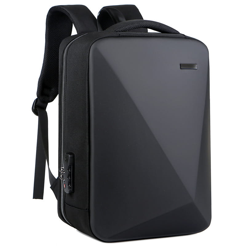 black geometric-patterned business laptop backpack made of oxford cloth with usb charging port and reinforced straps in a sleek modern design