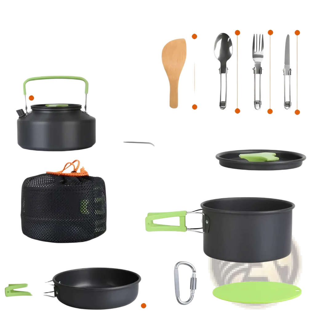 Black and green 16pcs camping cookware set with aluminum pots pans utensils kettle and stove pot for outdoor use