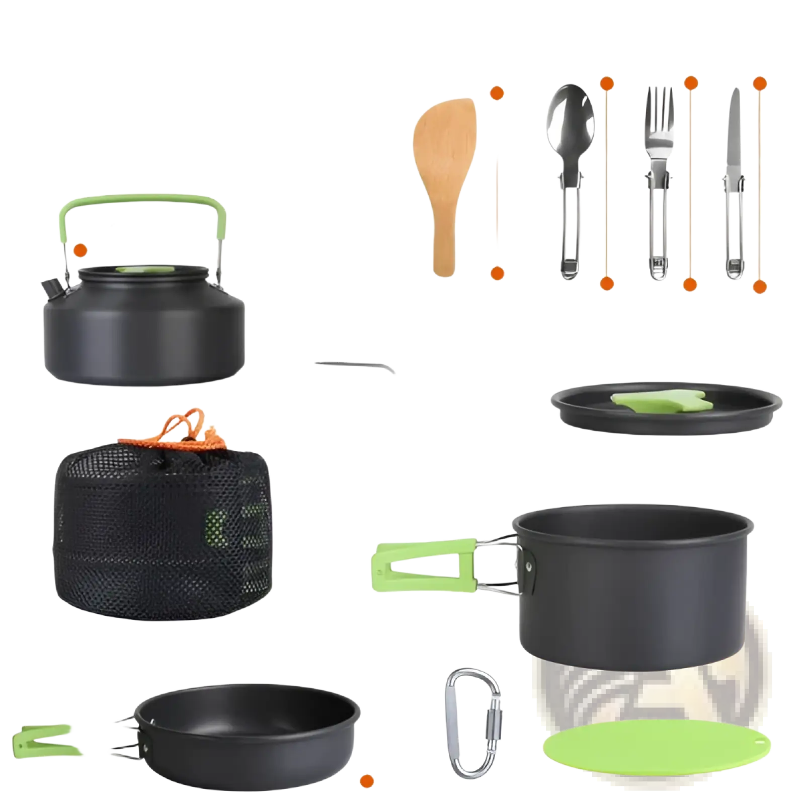 Black and green 16pcs camping cookware set with aluminum pots pans utensils kettle and stove pot for outdoor use