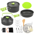 Black aluminum 16pcs camping cookware set with lime green handles includes kettle and stove pot for outdoor use
