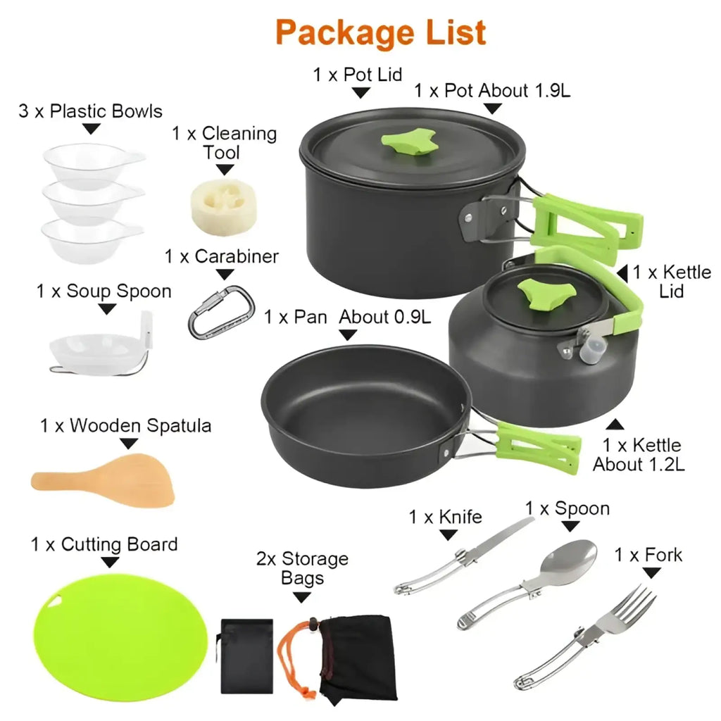 Black 16pcs camping cookware set with lime green handles and lids includes kettle and stove pot for outdoor use