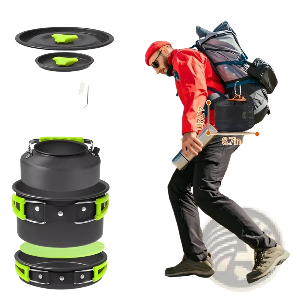 Black and neon green 16pcs camping cookware set with silicone handles including kettle and stove pot stacked