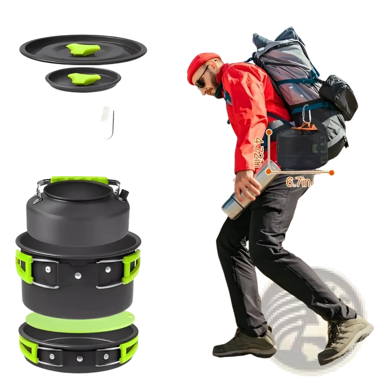 Black and neon green 16pcs camping cookware set with silicone handles including kettle and stove pot stacked