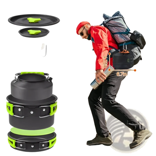 Black and neon green 16pcs camping cookware set with silicone handles including kettle and stove pot stacked