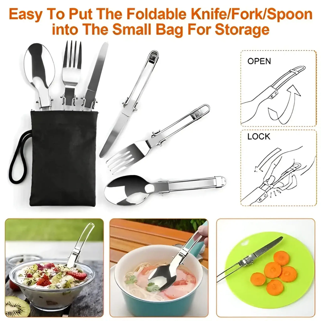 Silver foldable knife fork and spoon set in black storage bag part of 16pcs camping cookware set with kettle and stove pot