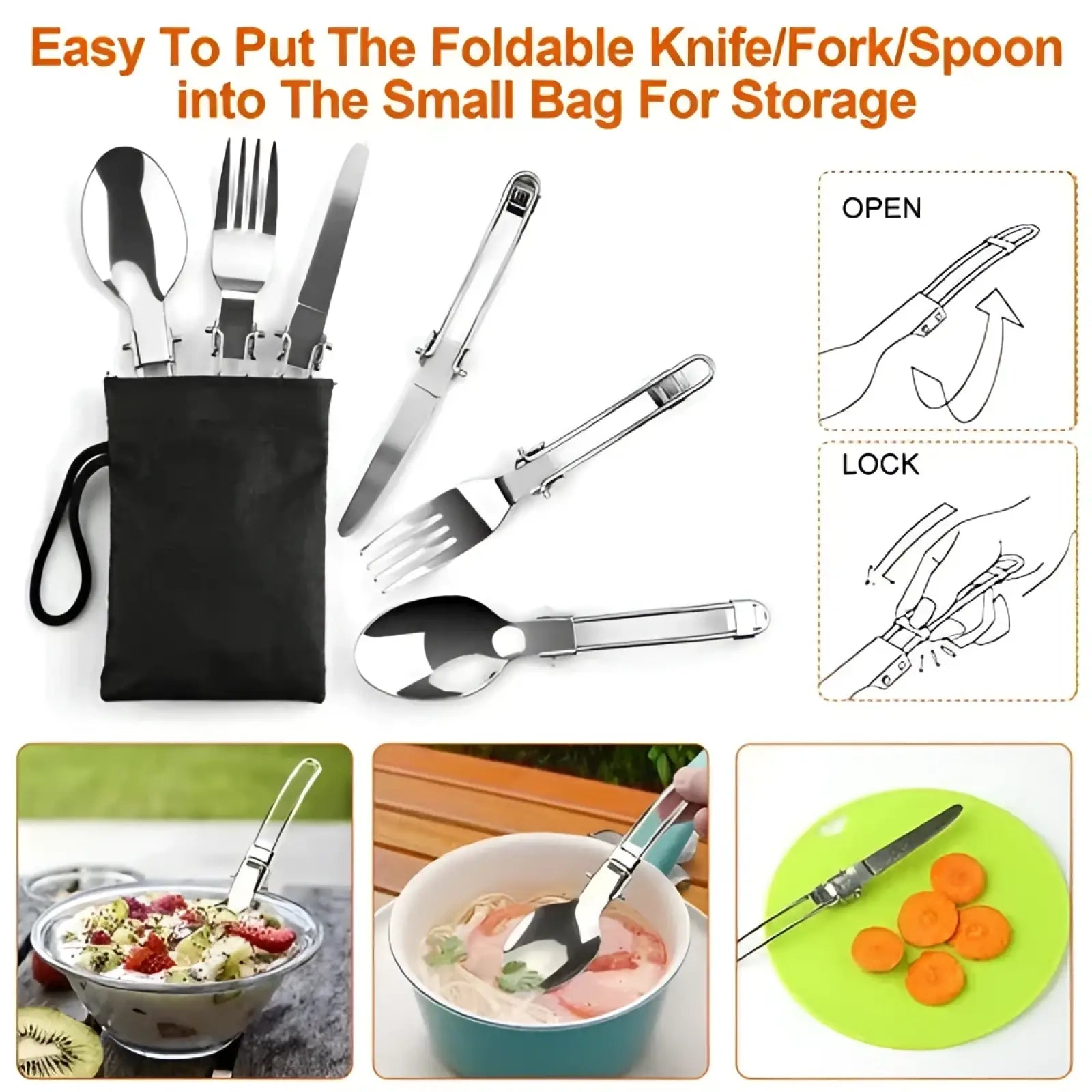Silver foldable knife fork and spoon set in black storage bag part of 16pcs camping cookware set with kettle and stove pot
