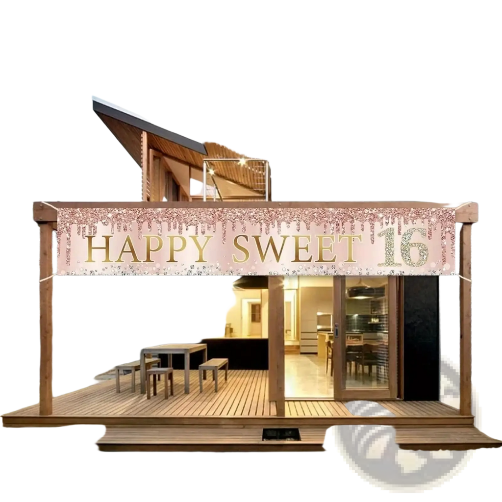 A shimmering rose gold and glittery pink polyester 16th birthday happy and sweet party banner with cascading confetti hanging on wooden beams