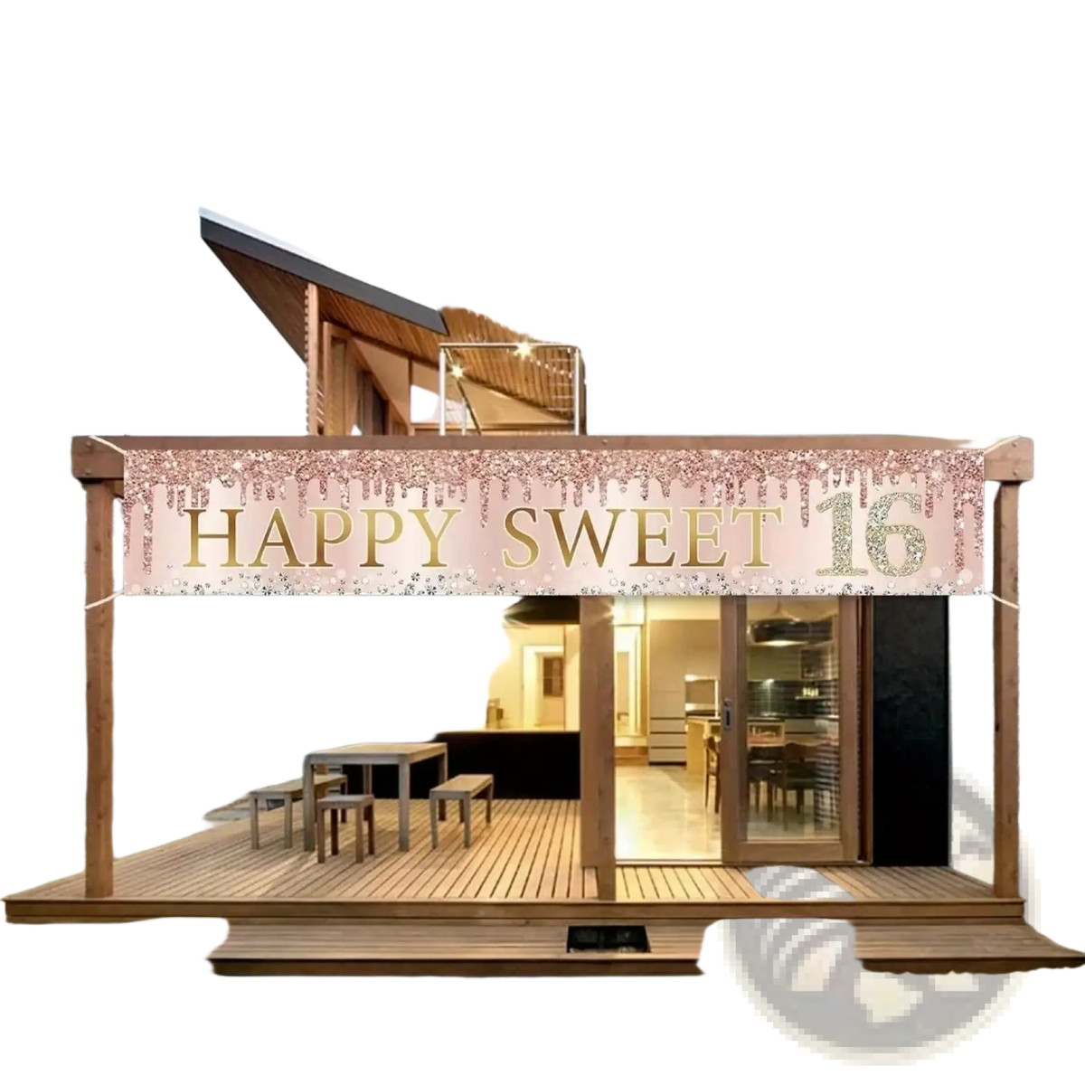 A shimmering rose gold and glittery pink polyester 16th birthday happy and sweet party banner with cascading confetti hanging on wooden beams