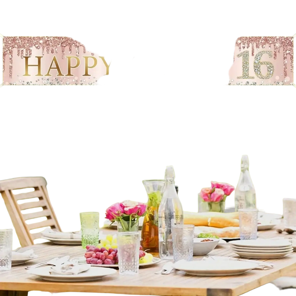 Rose gold glitter happy sweet 16 party banner with pink background polyester interior exterior decoration