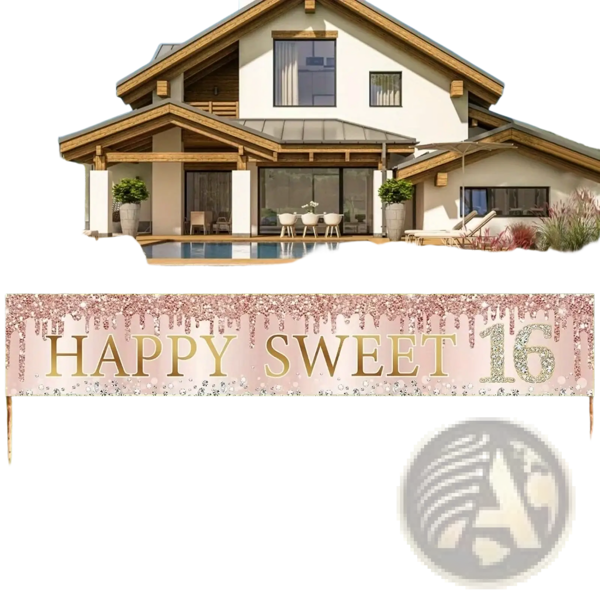 A rose gold glittery happy sweet 16 party banner with polyester material and dripping glitter on pink background