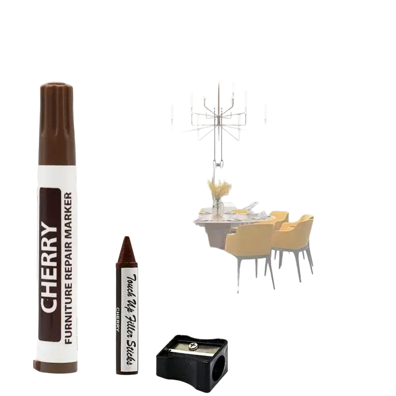 Brown and white cherry wood furniture repair marker with pointed tip for touch-up repairs in 17-piece kit
