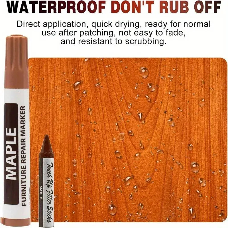 Maple furniture repair marker with brown cap and matching touch n filler stick for wood repair in 17 piece kit