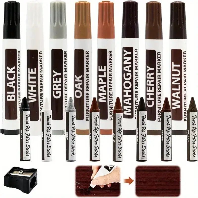 Set of eight wood furniture repair markers in black white grey oak maple mahogany cherry and walnut included in 17-piece kit