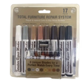 A 17-piece wood furniture repair kit with eight markers in white gray brown and black for wood color matching