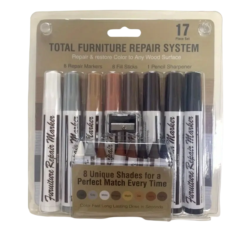 A 17-piece wood furniture repair kit with eight markers in white gray brown and black for wood color matching