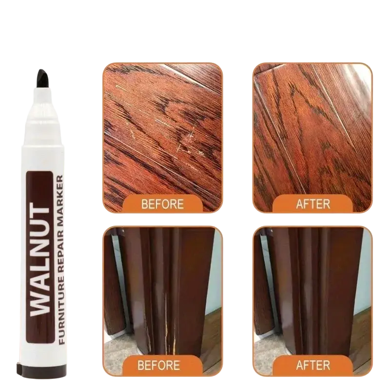 White and black walnut fine tip markers for wood furniture repair in a 17-piece wood furniture repair kit