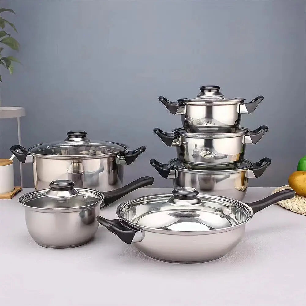 Set of 12 piece stainless steel cookware with black handles and glass lids for versatile cooking.