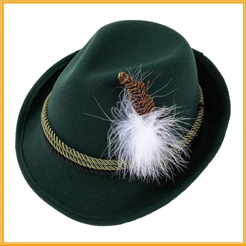 Dark green wool fedora hat with a braided gold and black band featuring a brown feather and white fluffy plume as decorative accents for men.