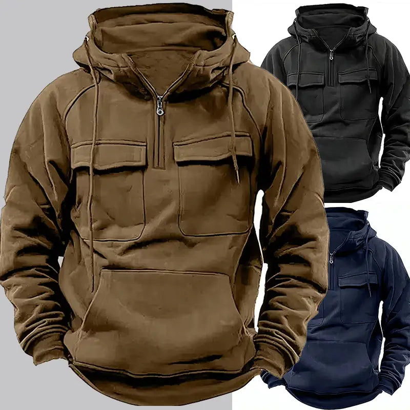 Men’s brown hooded sweatshirt with front zipper, two chest pockets, and kangaroo pocket designed for versatile fashion use.