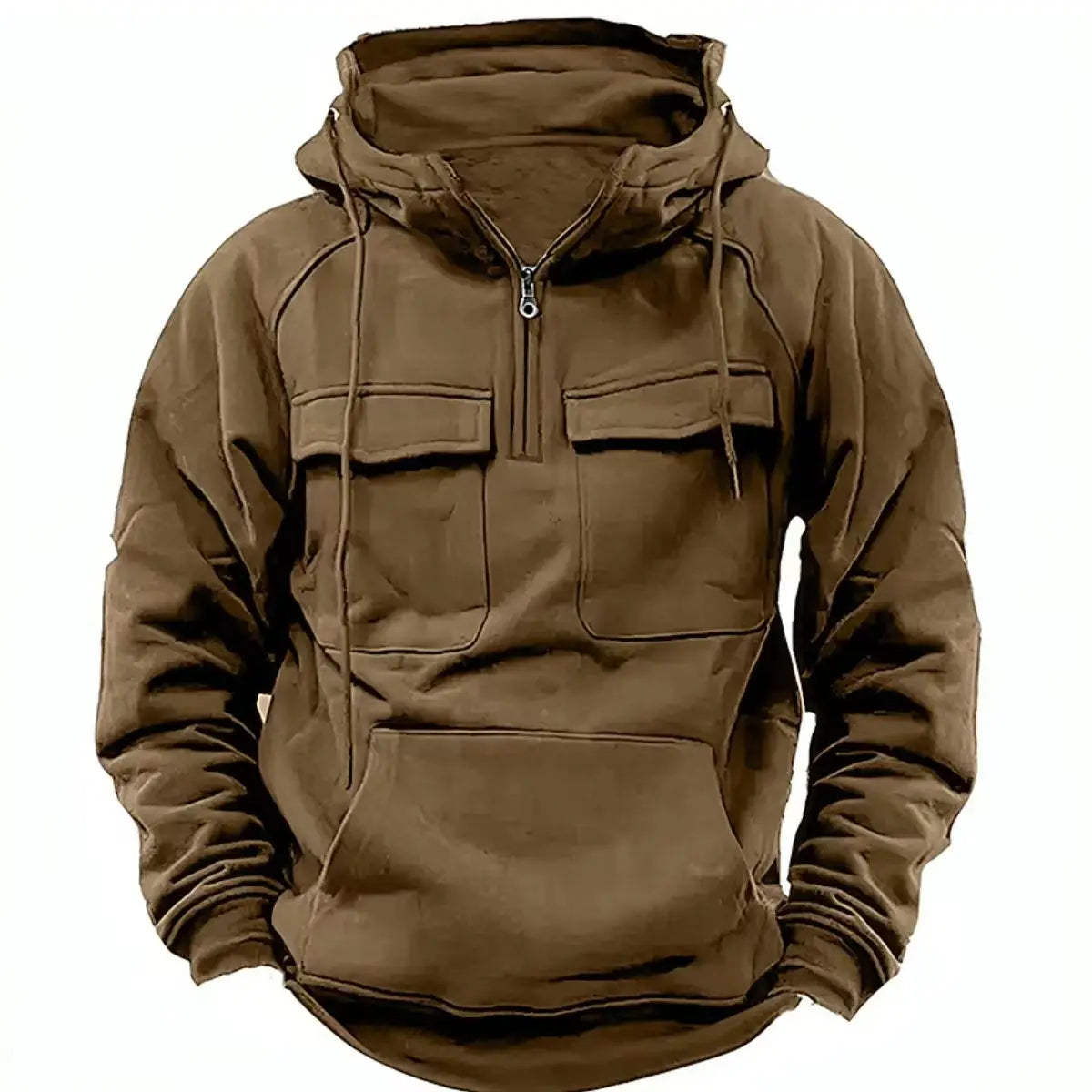 Men’s brown hooded sweatshirt with half-zip front, multi pockets including two chest pockets with drawstrings and attached kangaroo pocket, designed for casual fashion.