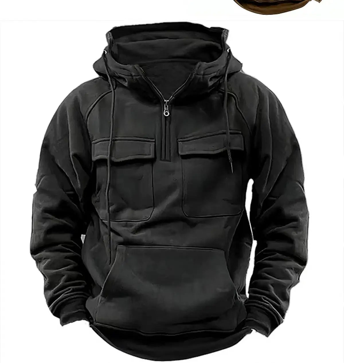 Men’s black multi pocket half zip fashion hoodie with zip front, two chest pockets, and drawstring hood made from comfortable material.