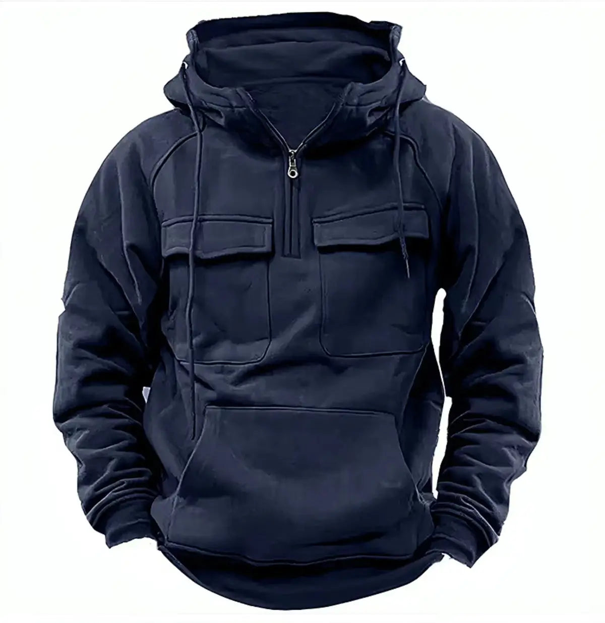 Men’s dark navy blue multi pocket half zip fashion hoodie featuring a hood with drawstrings and two chest pockets.