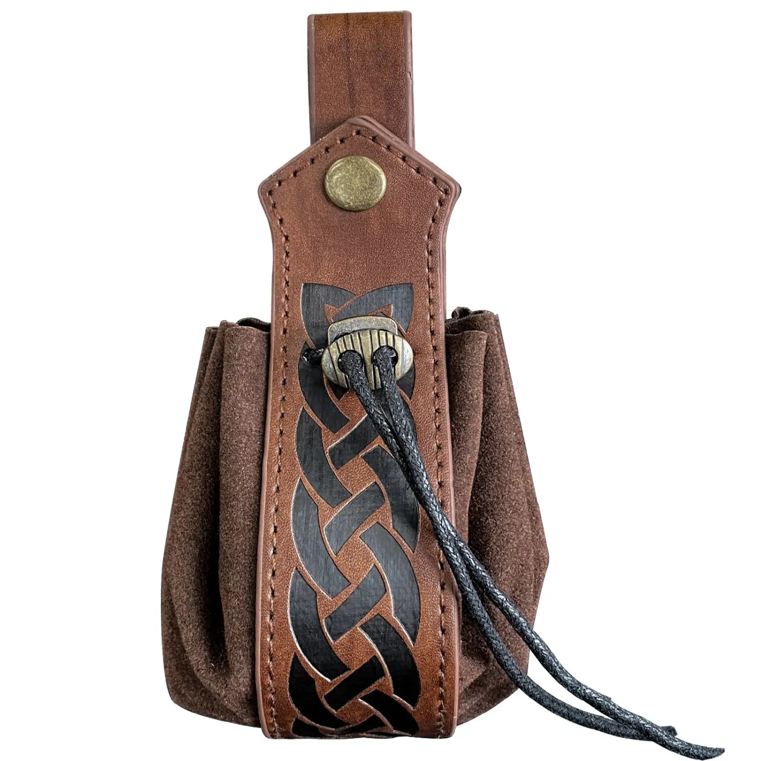 brown suede leather sling bag embossed with a black celtic knot design and brass skull clasp hardware