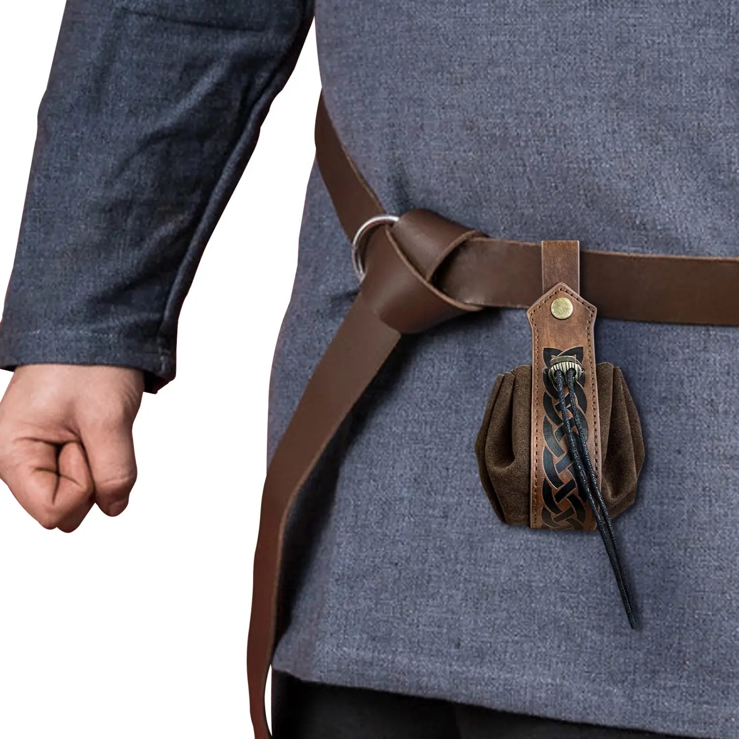 Brown leather embossed Celtic knot Viking sling bag with braided detailing and drawstring closure attached to a belt featuring a skull clasp.