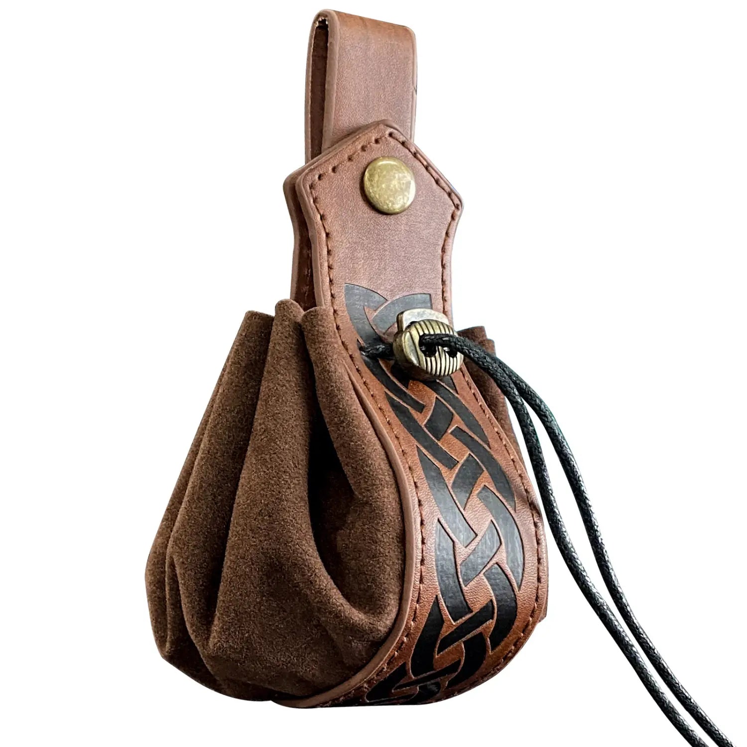 Brown leather pouch with suede interior embossed with a Celtic knot design and a black drawstring closure for the Embossed Celtic Knot Viking Leather Sling Bag with skull clasp.