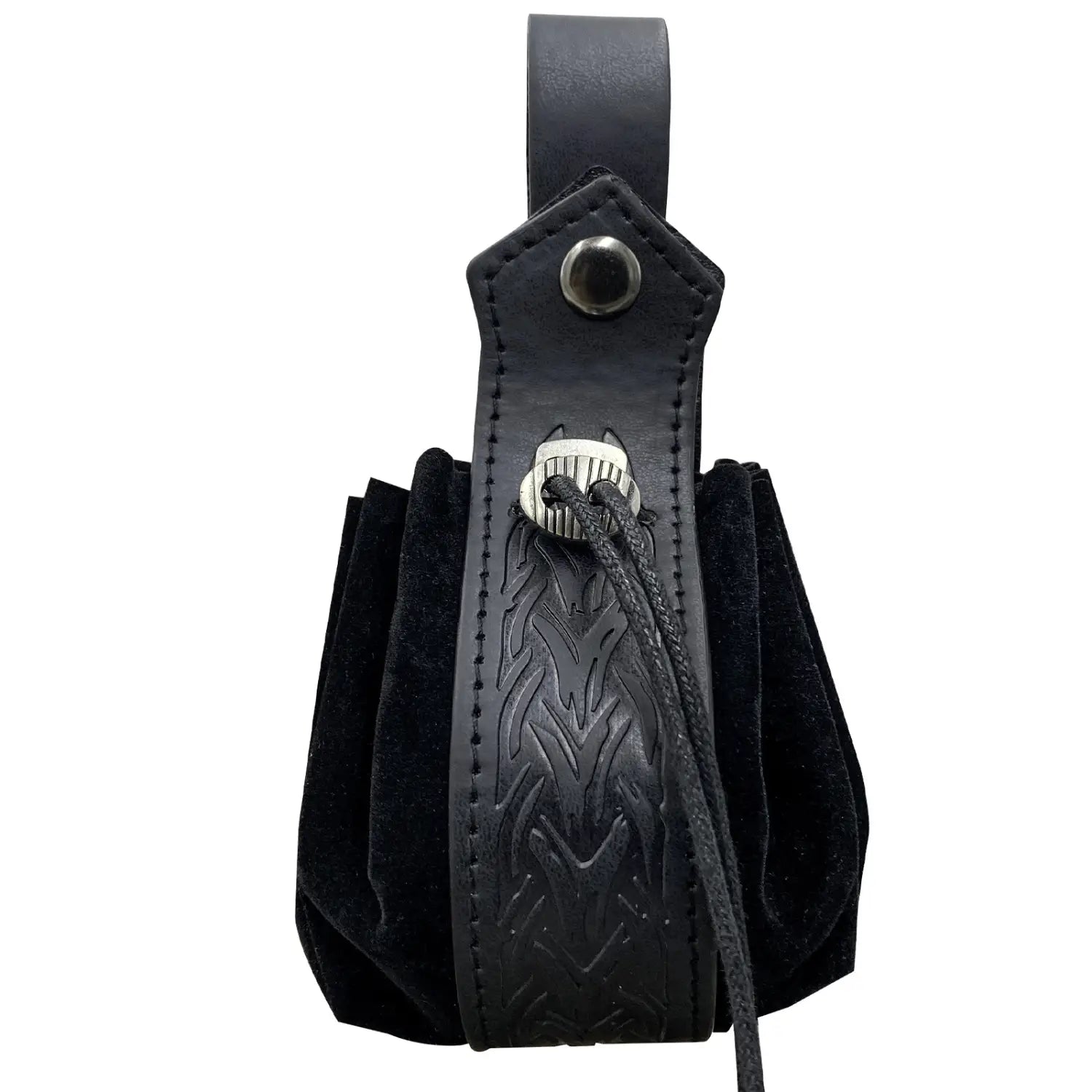 Black leather pouch with embossed tribal pattern and suede interior featuring a silver-toned metal skull clasp from an embossed Celtic Knot Viking leather sling bag.