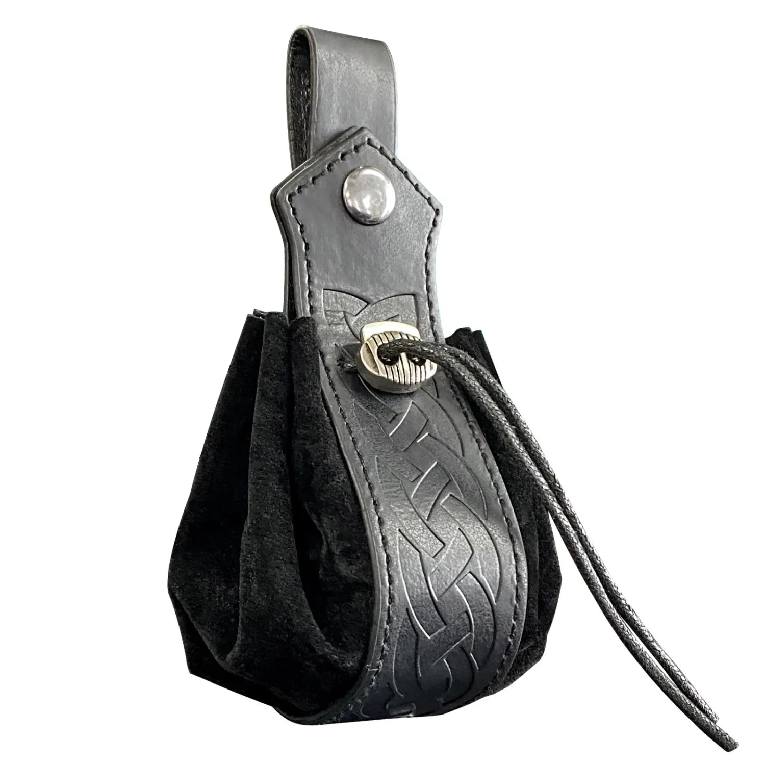Black leather Viking sling bag with embossed Celtic knot design, suede-lined interior, and silver-toned skull clasp toggle closure.