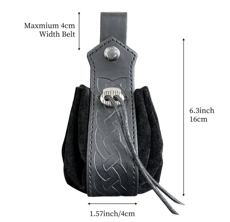 Black leather sling bag pouch embossed with a Celtic knot design and secured by a silver-toned skull clasp.