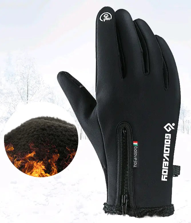 Black winter motorcycle gloves with thermal touchscreen capability and fleece-lined interior showing the back side with the goldvol brand name on the wrist.