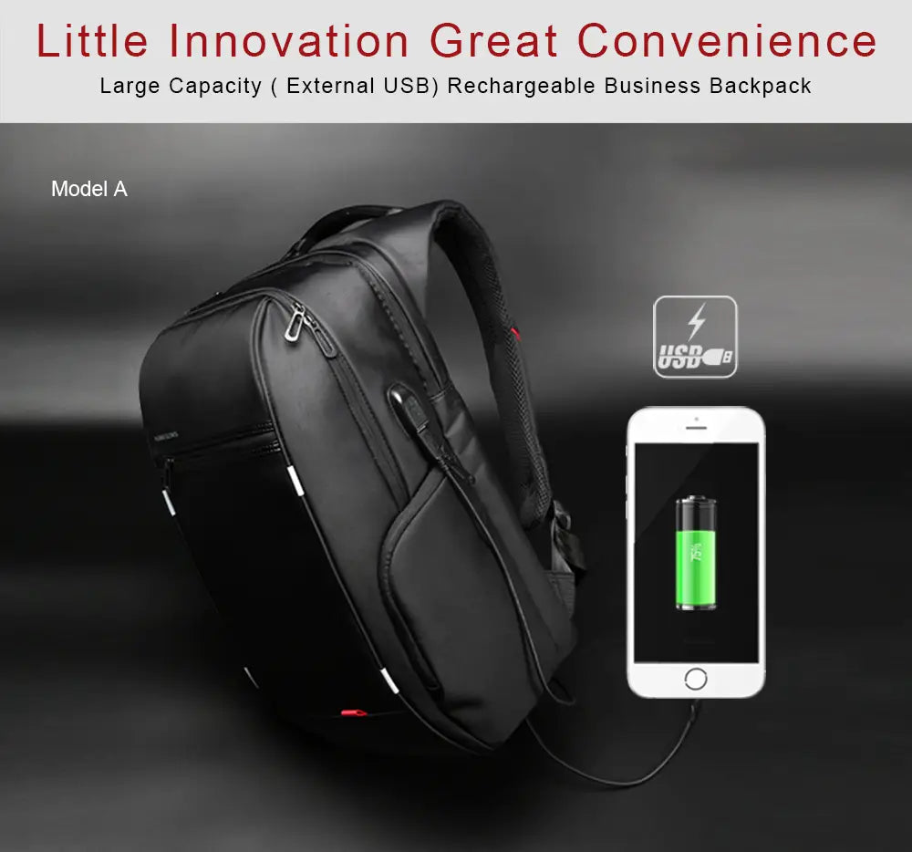 Black waterproof business laptop backpack with external usb charging port shown from the back side.