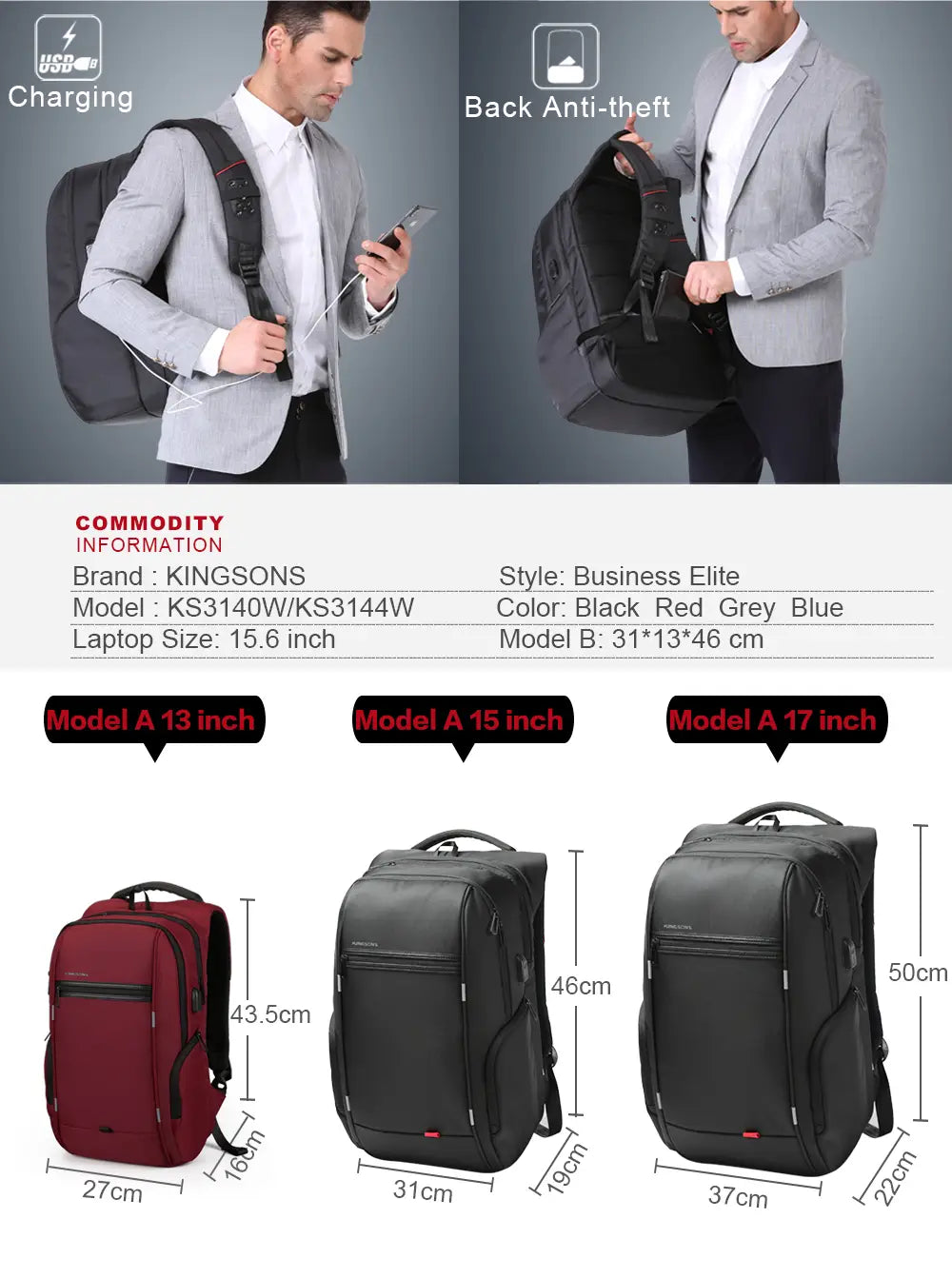 black kingsons business elite waterproof laptop backpack in red showing the back side with usb-c charging port and anti-theft panel designed for secure business use