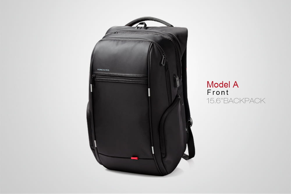 black pu leather laptop backpack with silver zipper pulls and red accent details designed as a waterproof usb charging business bag