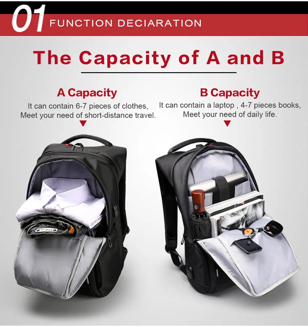 Black laptop backpack with gray interior lining and multiple compartments designed as a waterproof USB charging business bag for daily essentials.