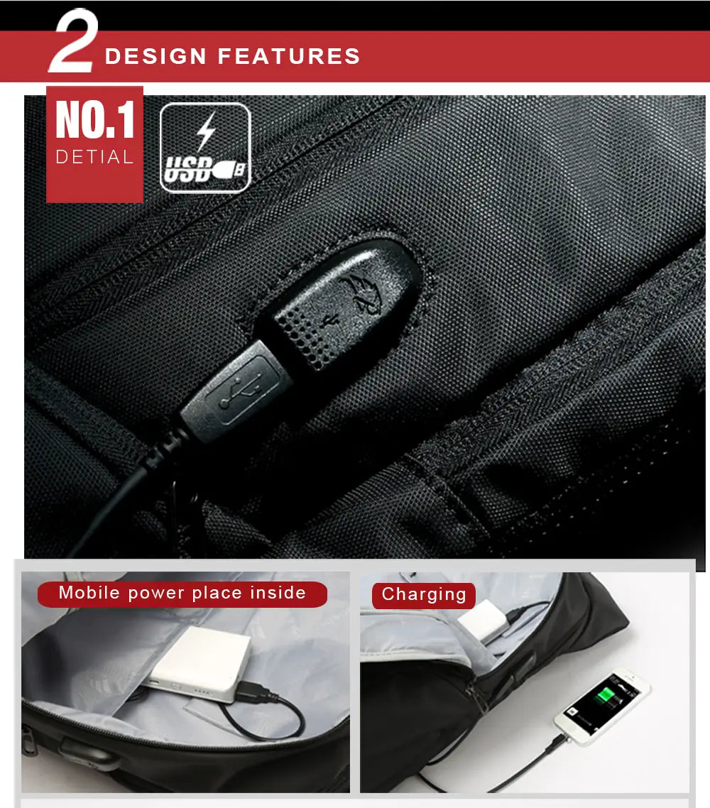 black usb charging port with textured grip and integrated cable on the laptop backpack waterproof usb charging business bag for convenient on-the-go power access