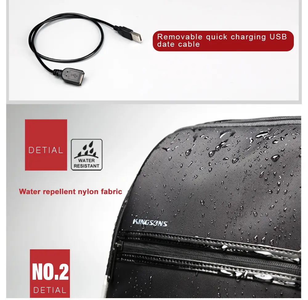 Black water-resistant nylon laptop backpack with silver zippers and kingsons branding designed as a waterproof USB charging business bag.