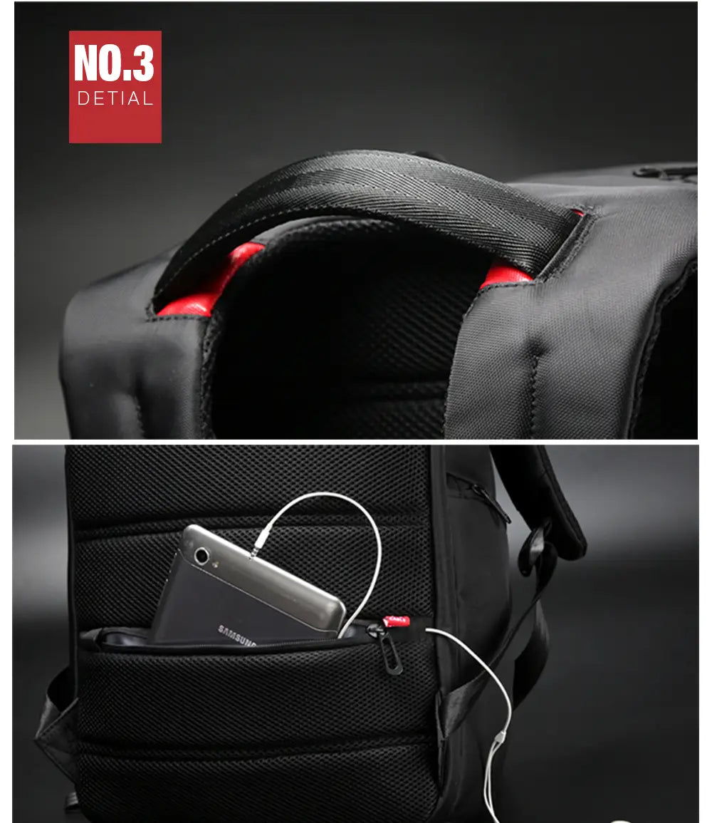 black laptop backpack with red accent stitching and mesh-lined pocket holding a smartphone designed for business use with waterproof material and usb charging port.