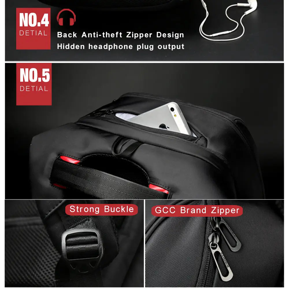 Black laptop backpack with red zipper accents and gcc brand zipper featuring waterproof material and usb charging port for business use
