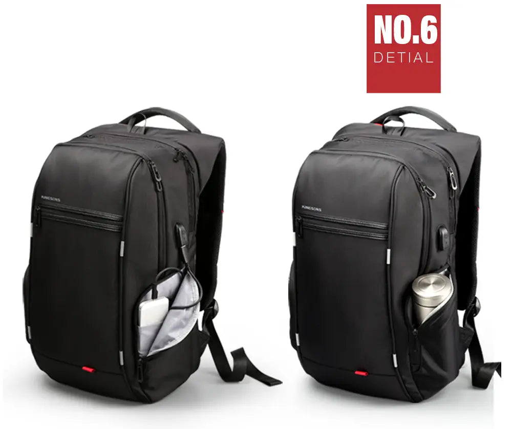 Black no.6 detail laptop backpack waterproof usb charging business bag with multiple zippered compartments and a side pocket holding a silver water bottle.